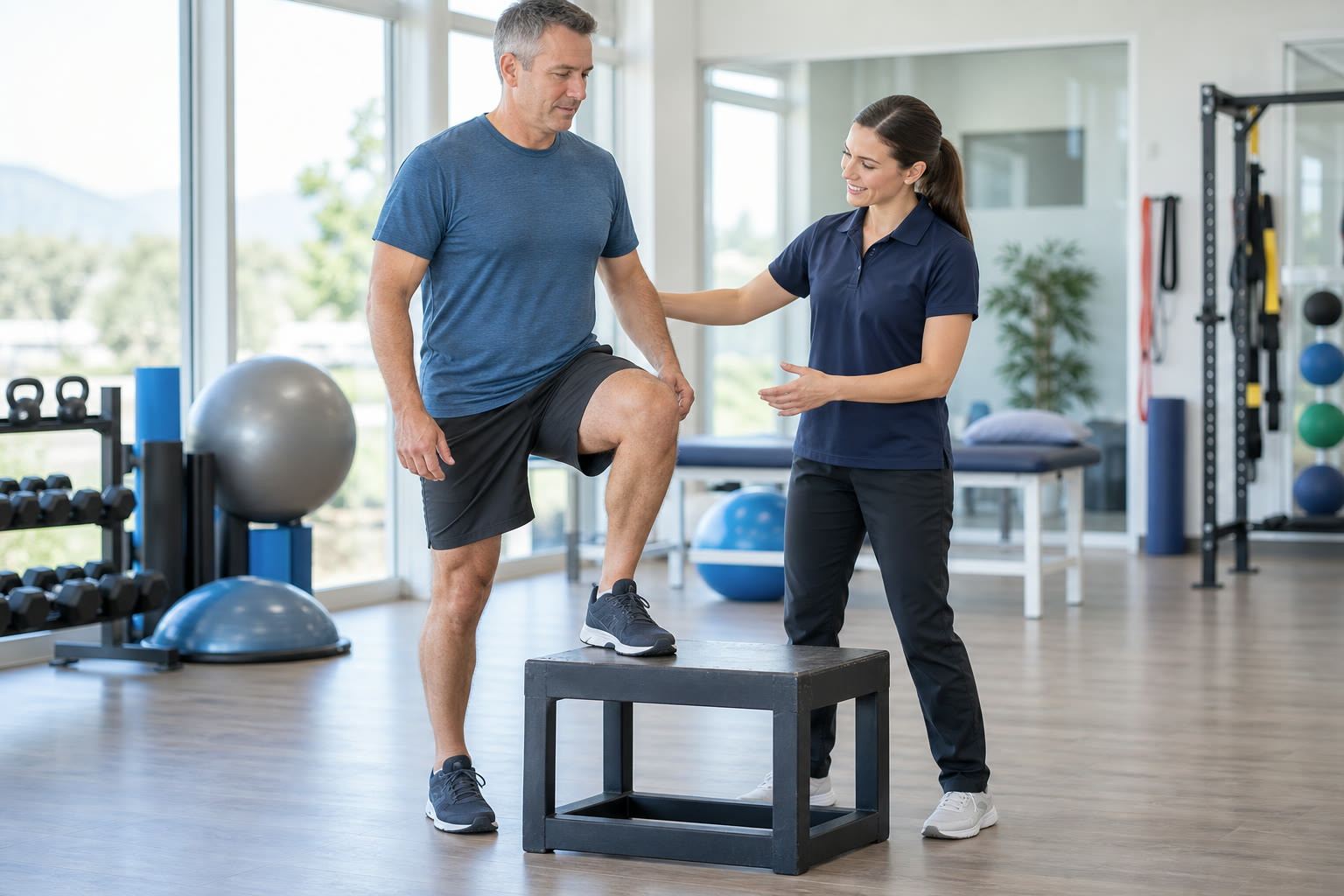 Patient completing a supervised step exercise with a physiotherapist