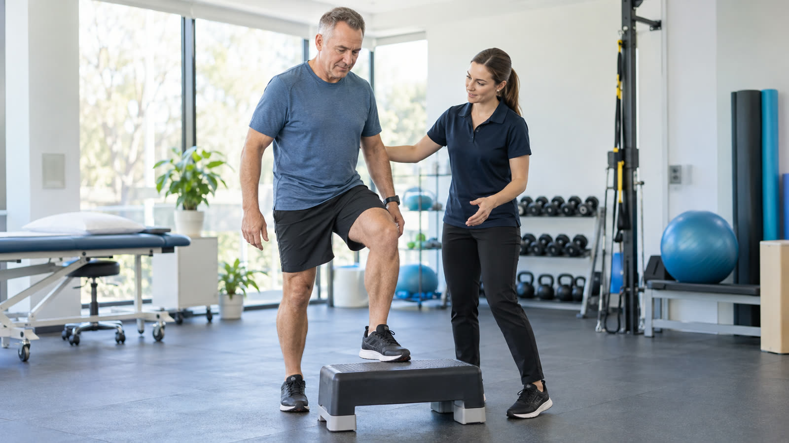 Physiotherapist guiding a patient through a rehabilitation exercise